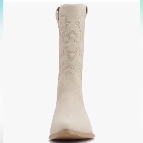 Soda Cream and Brown Heeled Boots with Western Flair - Picture 2 of 5